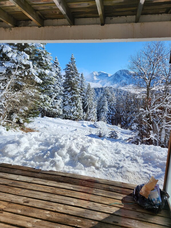 A wooden deck with a view of snow-covered trees and mountains.