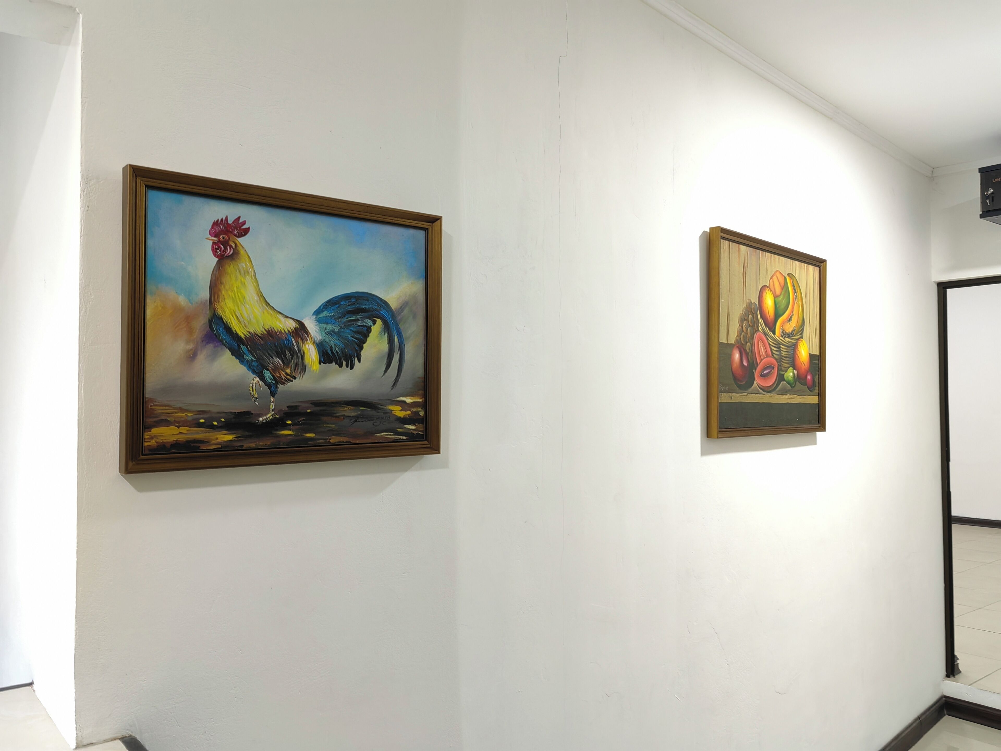 Two framed paintings on a white wall in a hallway.