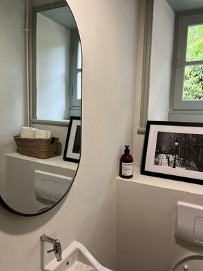 Hair dryer, towels, soap, toilet paper