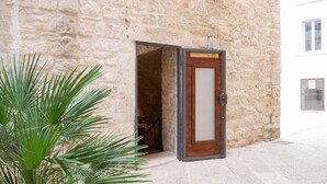 A stone building with a wooden door and a potted plant.