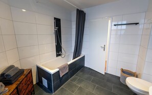 Hair dryer, towels, toilet paper