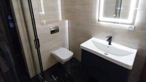 A modern bathroom with a glass shower enclosure, a white sink, and a mirror above the sink.