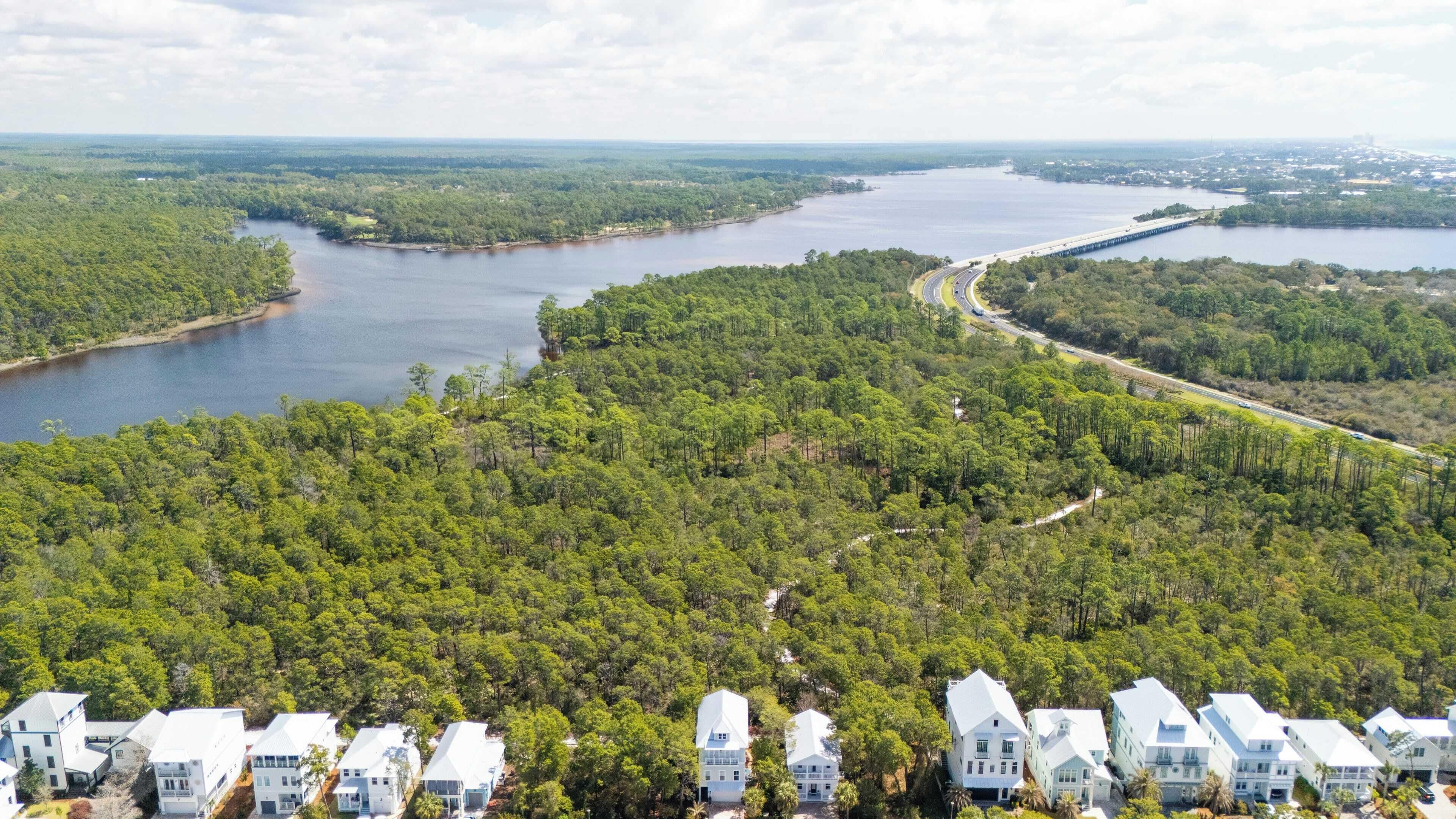 A residential area with houses surrounded by dense forest and a river.