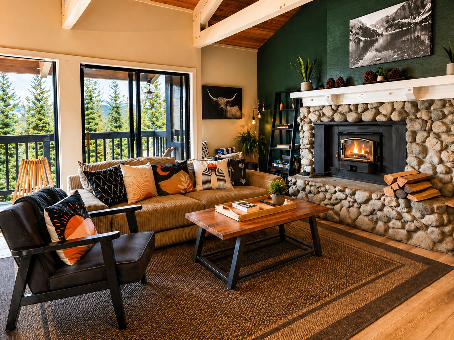 Smart TV, lareira, livros