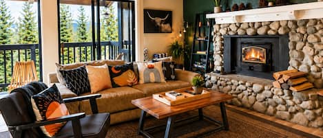 Smart TV, lareira, livros