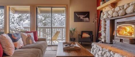 Älytelevisio, takka, kirjoja