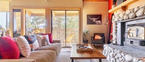 TV connectée, cheminée, livres