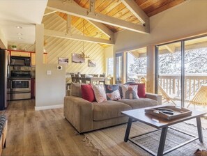 Smart TV, fireplace, books