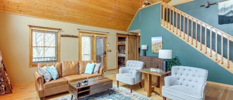 TV, fireplace, books