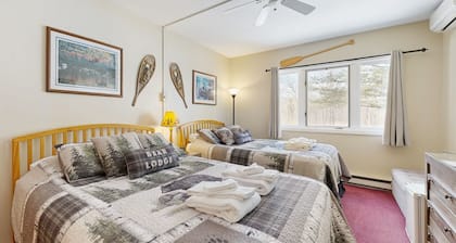 Mountain view efficiency: walk to slopes & town w/ pool, gym & rec room