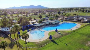 A large outdoor swimming pool with a covered area, surrounded by a fenced area and palm trees. - Escape in the Heart of Old Town Scottsdale AZ (Scottsdale)