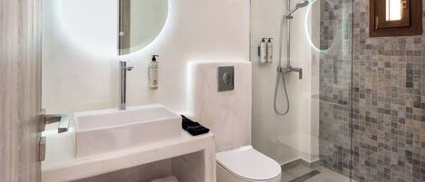 A modern bathroom with a glass-enclosed shower, a white sink, and a toilet.
