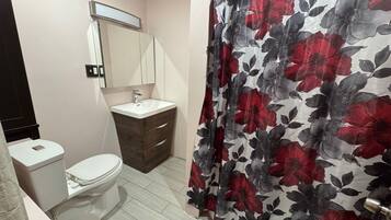 Hair dryer, towels, soap, toilet paper