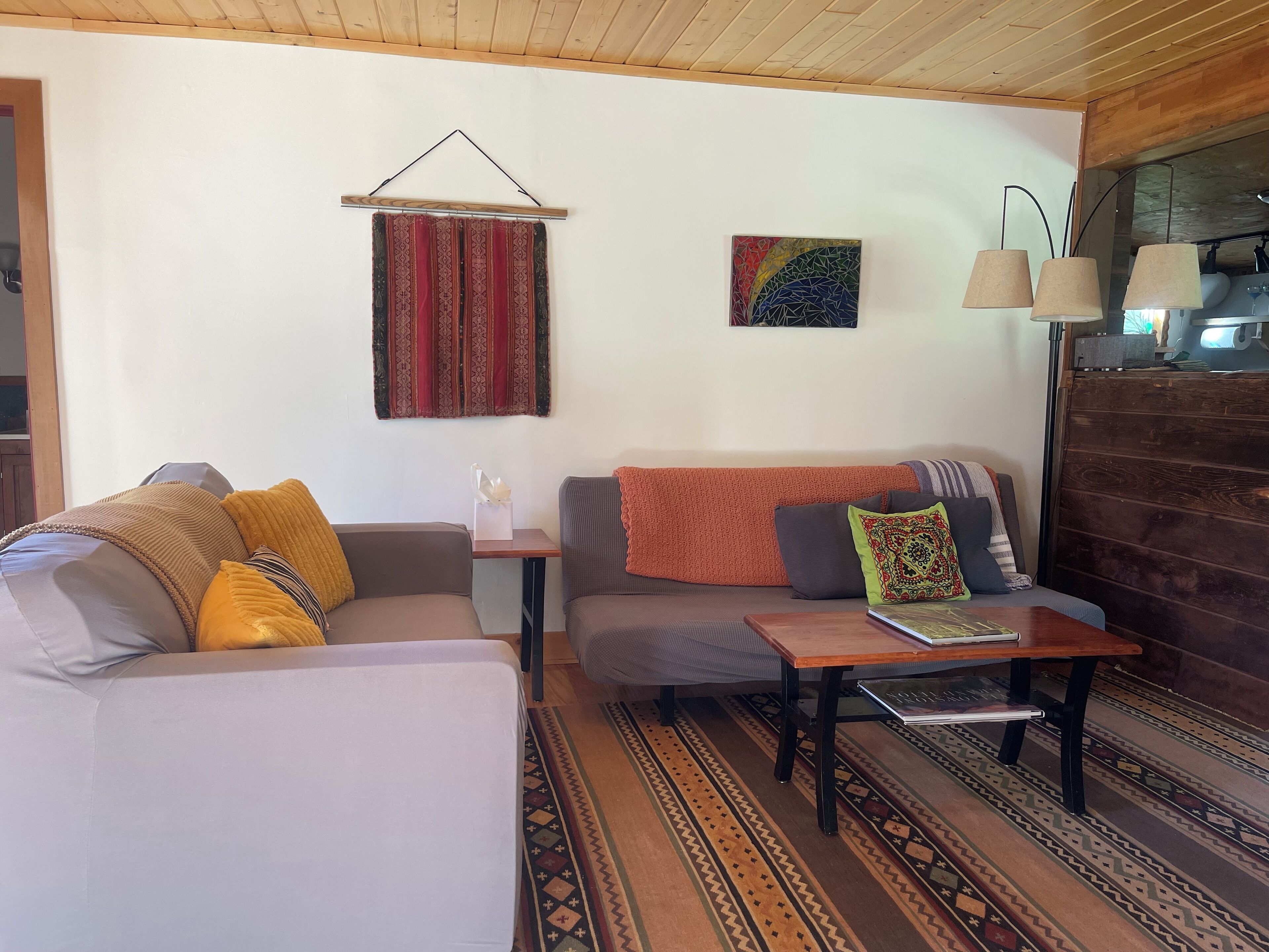A cozy living room with two sofas, a coffee table, and a patterned rug.