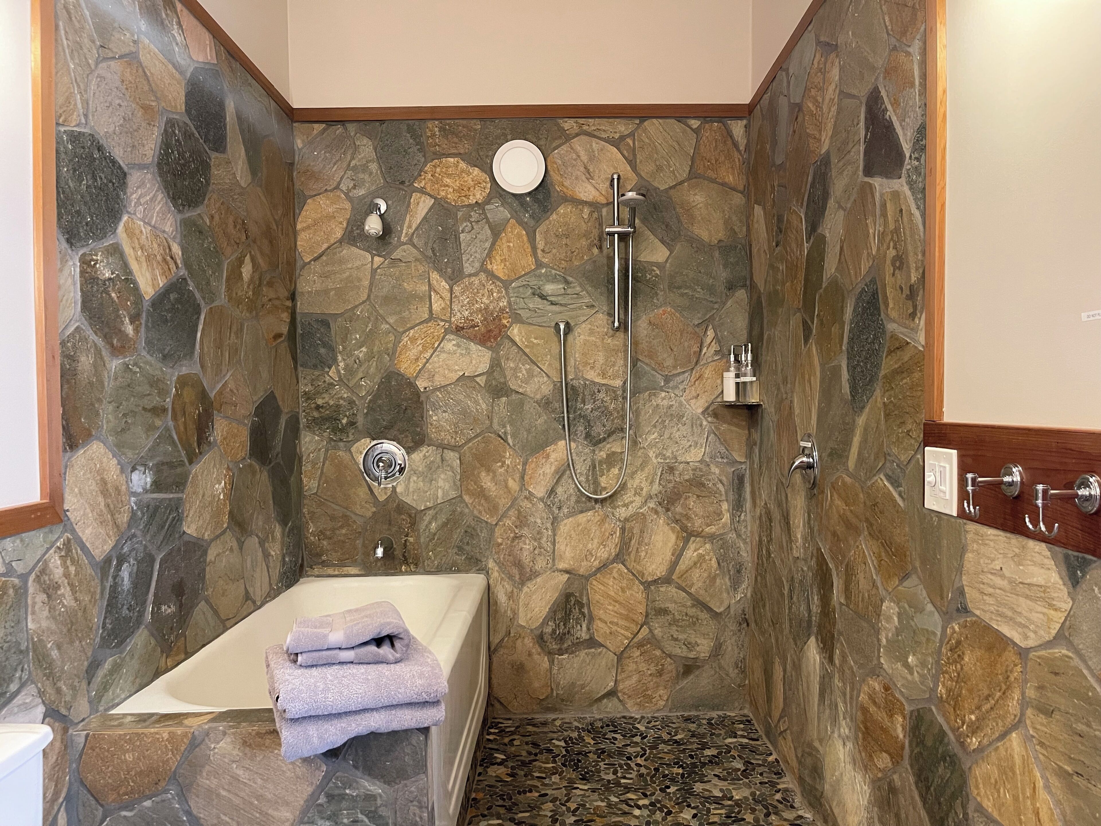 Hair dryer, towels, soap, toilet paper