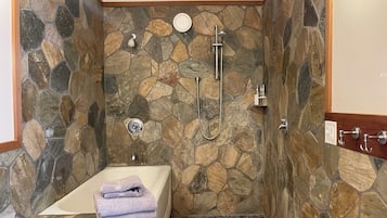 Hair dryer, towels, soap, toilet paper
