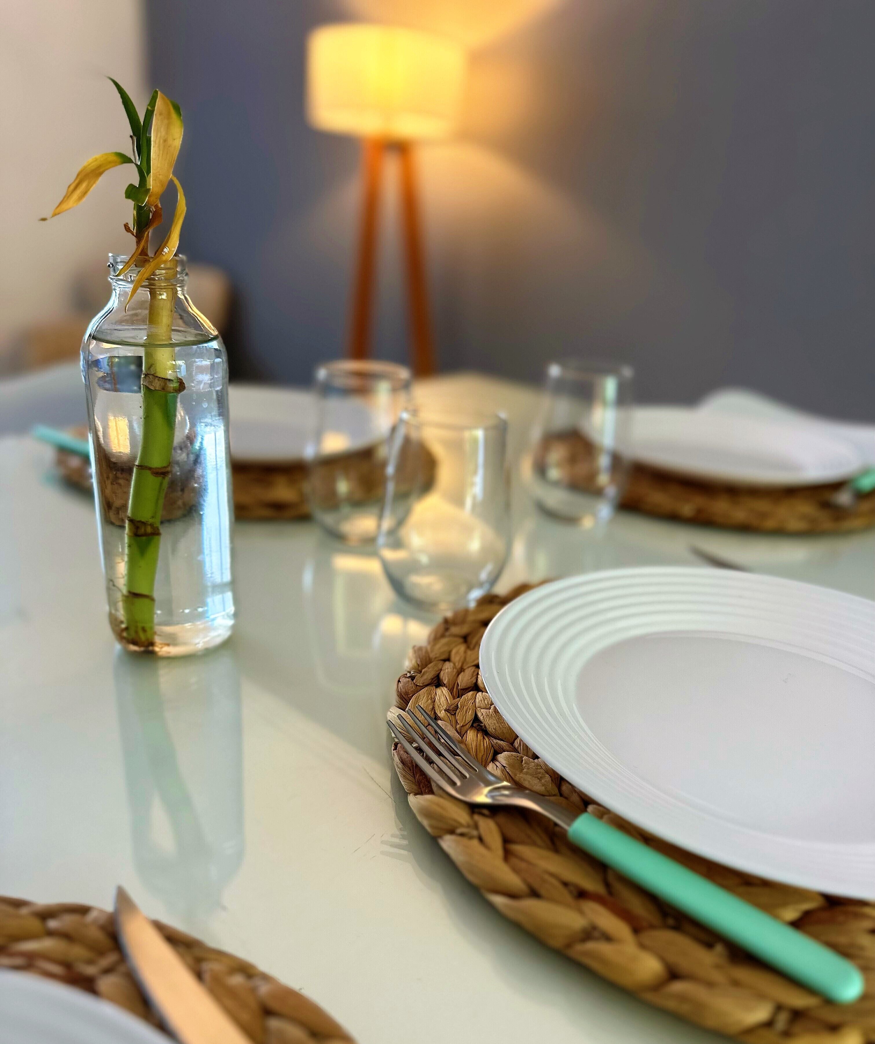 Een gedekte tafel met een geweven placemat, een wit bord, een vork en een glazen vaas met een plant.