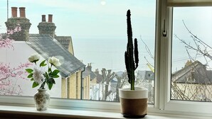 Una ventana con vistas a un pueblo costero, un cactus y un florero con flores.