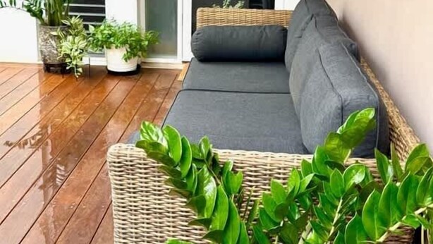 A room with a sofa, a potted plant, and a sliding glass door. - Sunshine on Saltwater (Kingscliff)