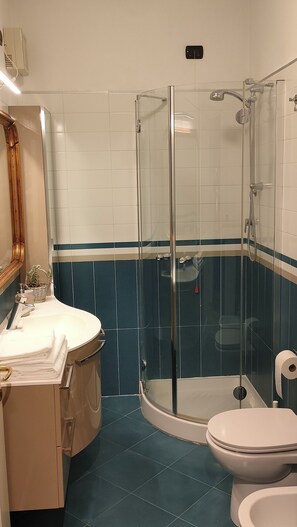 Een haardroger, handdoeken, zeep, toiletpapier