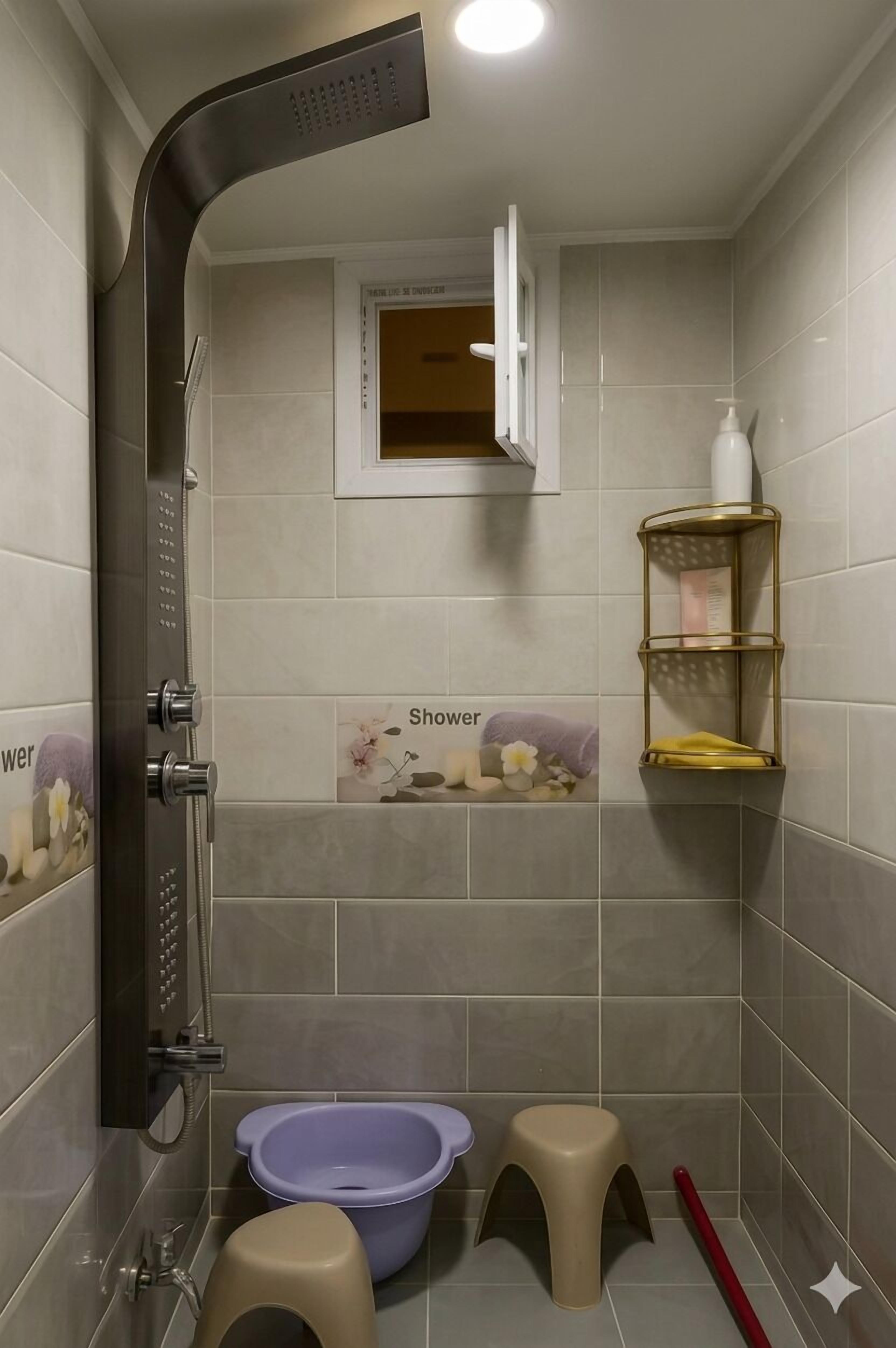 Shower, soap, toilet paper