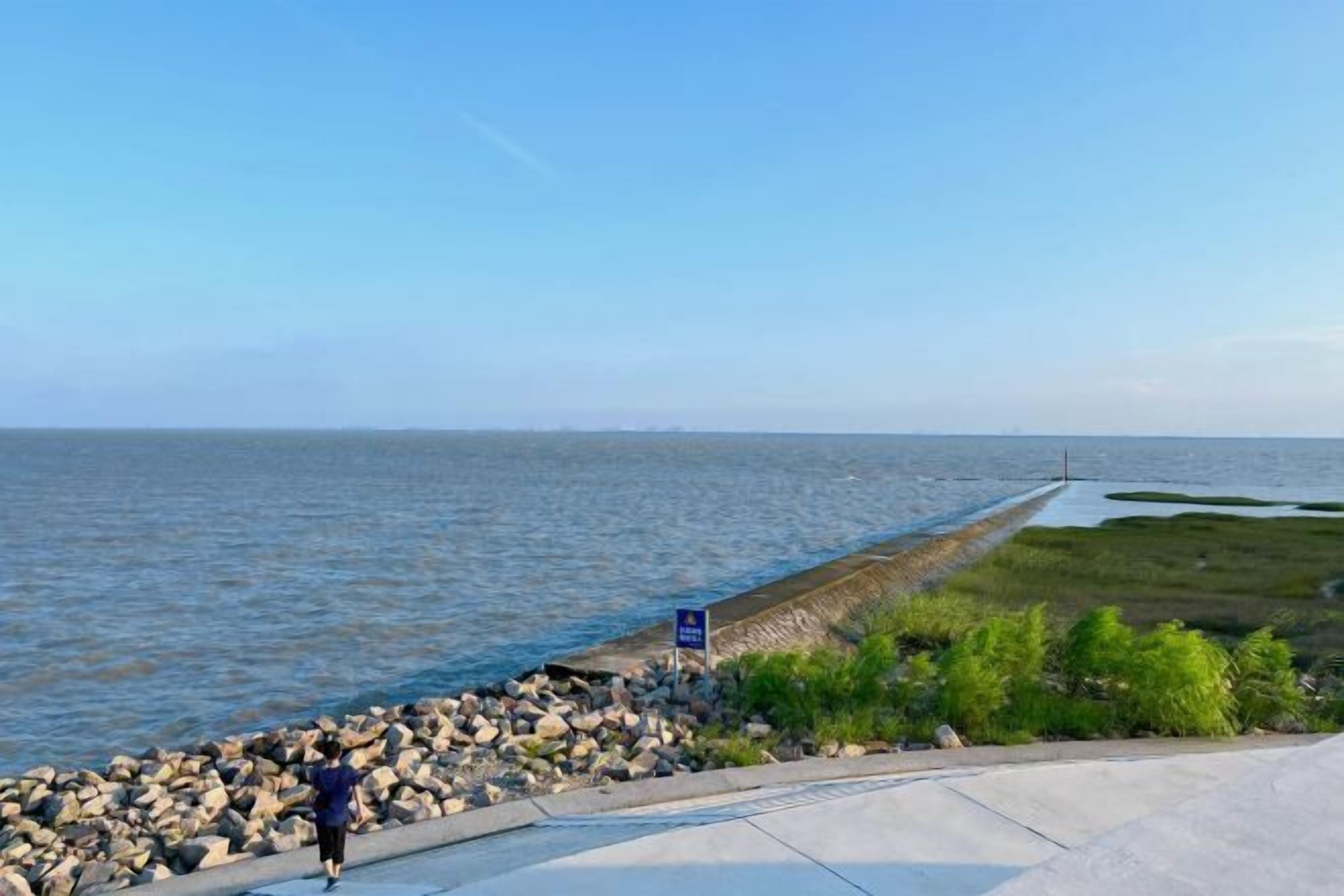 Un paseo marítimo con una barrera rocosa, cielo despejado y una vista distante del mar.