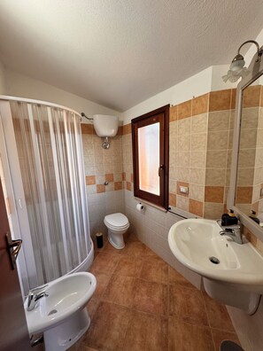 Shower, hair dryer, bidet, towels