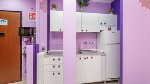 Cuina amb armaris blancs, microones i nevera. Hi ha un rentaplat i un armari amb una planta a sobre.