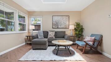 Smart TV, fireplace, books, offices