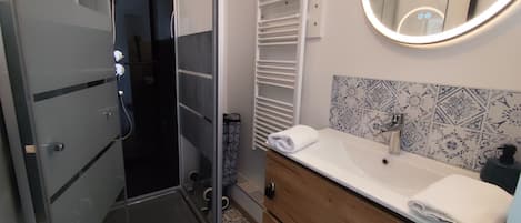 Shower, hair dryer, towels