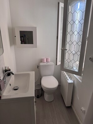Douche, sĂšche-cheveux, serviettes fournies, papier toilette