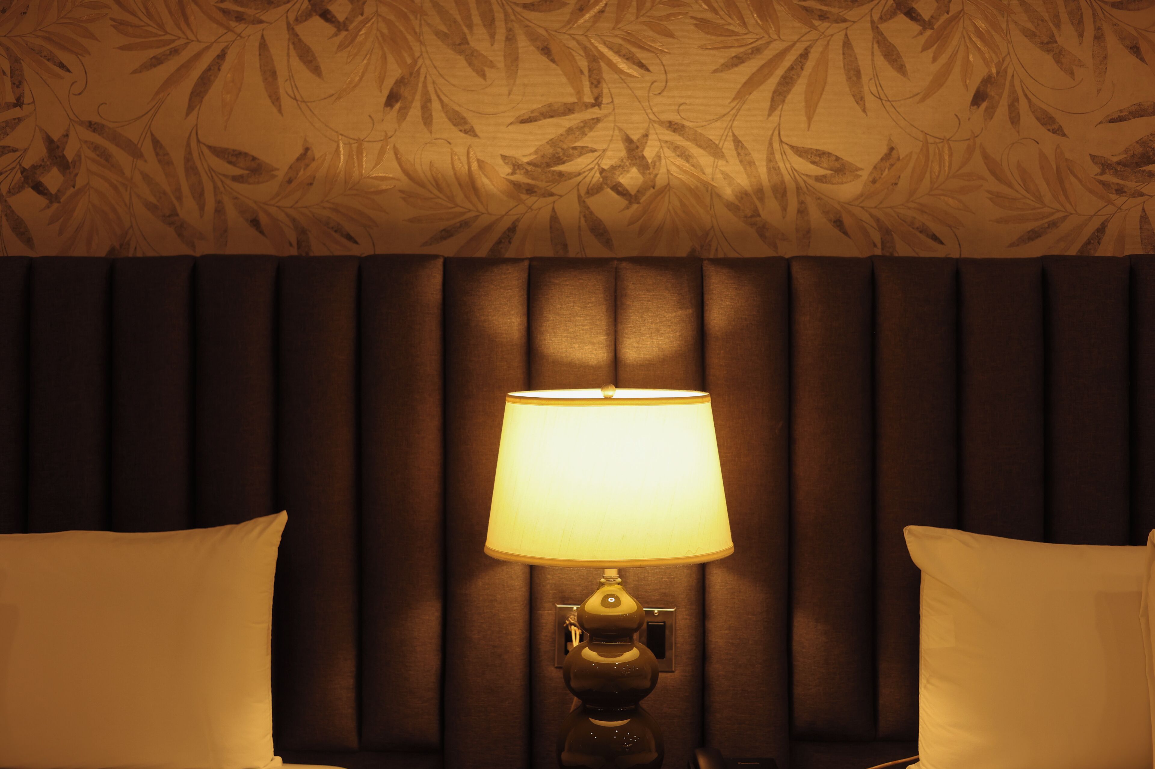 A room with a headboard, a lamp, and two pillows.