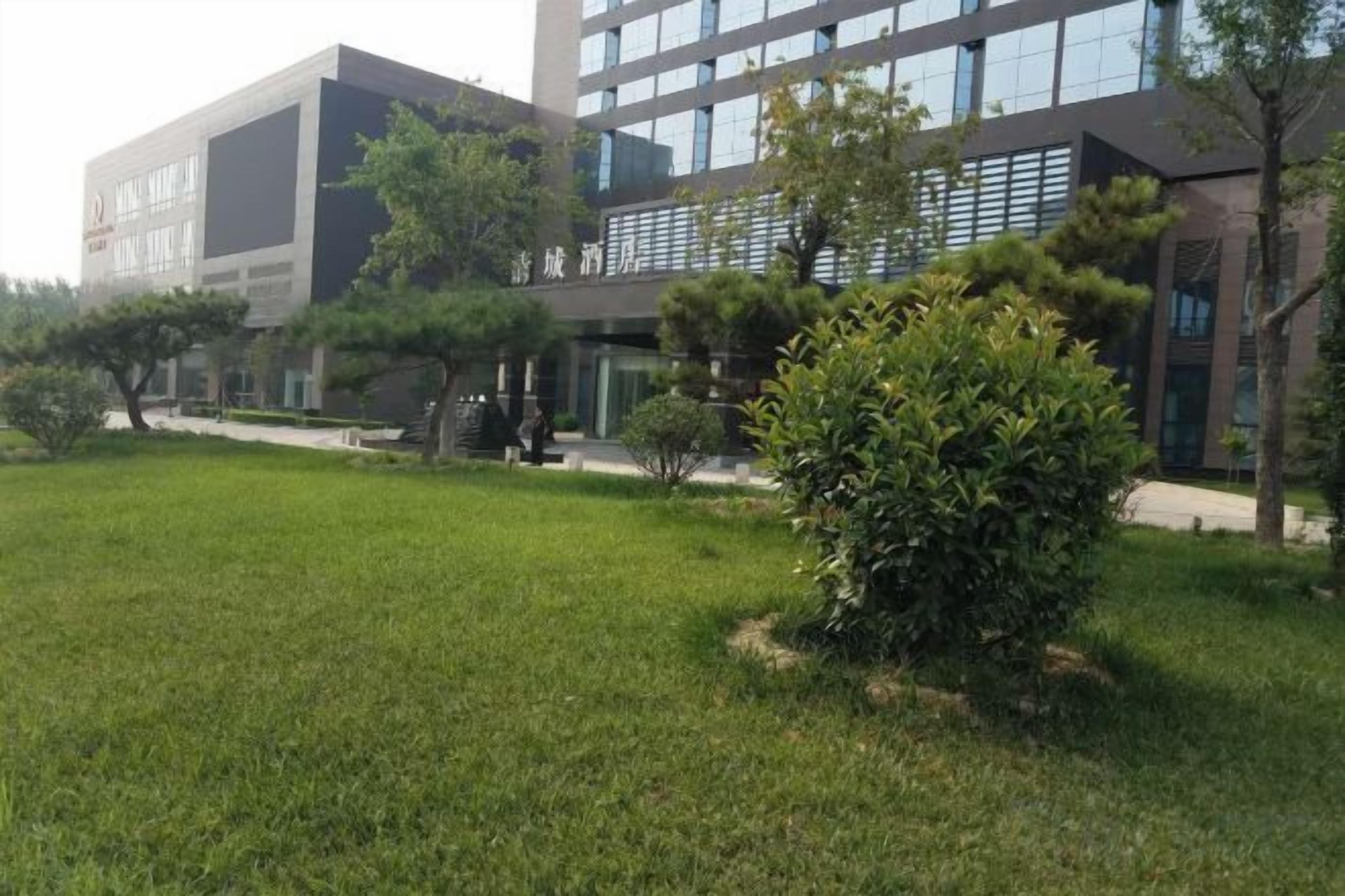 A modern building with a grassy area and trees in front.
