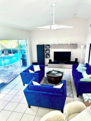 Smart TV, DVD player, books, video library