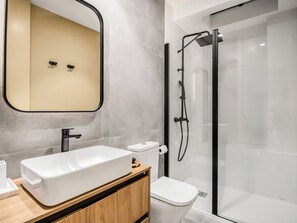Shower, hair dryer, towels