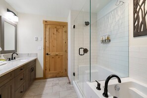 Hair dryer, towels, soap, shampoo