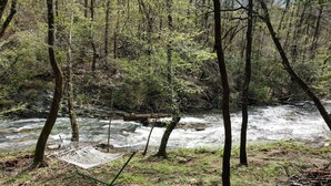 A river flowing through a forest with a hammock and a log cabin in the foreground. - Cozy, creekside cottage in beautiful Dawsonville (Dawsonville)