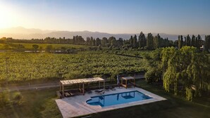 Un'area piscina con un pergolato e poltrone relax, circondata da un vigneto e alberi, con montagne sullo sfondo.