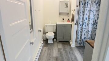 Shower, hair dryer, towels, toilet paper