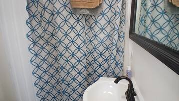 Shower, hair dryer, towels, toilet paper