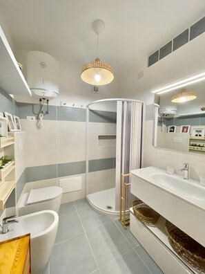 Shower, hair dryer, towels