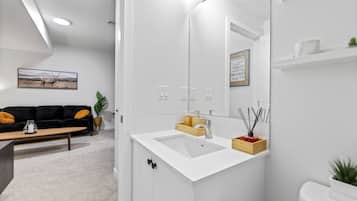 Hair dryer, towels, soap, shampoo