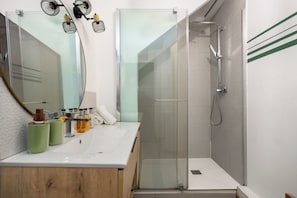 Shower, hair dryer, towels, toilet paper