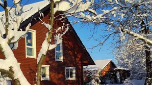 A wooden house with a snow-covered yard and a clear blue sky. - Ferienwohnung mit Fahrrädern und Garten (Müncheberg)
