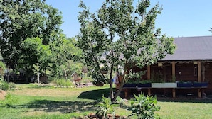 A rustic wooden cabin with a covered porch, surrounded by a well-maintained garden with various plants and a small tree. - Ferienwohnung mit Fahrrädern und Garten (Müncheberg)
