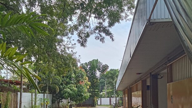A gravel driveway leading to a building with a corrugated metal roof and wooden siding. There are potted plants along the side of the driveway and a fence with a gate on the left. - Moonlight lodge (Puerto Princesa)