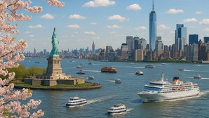 La Estatua de la Libertad en la ciudad de Nueva York, con un crucero en primer plano y el horizonte en el fondo.