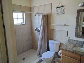 Hair dryer, towels, soap, toilet paper