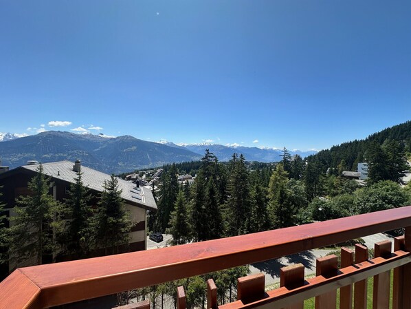 Vista a la montaña con barandal de madera.