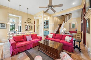 TV, DVD player, video library, stereo